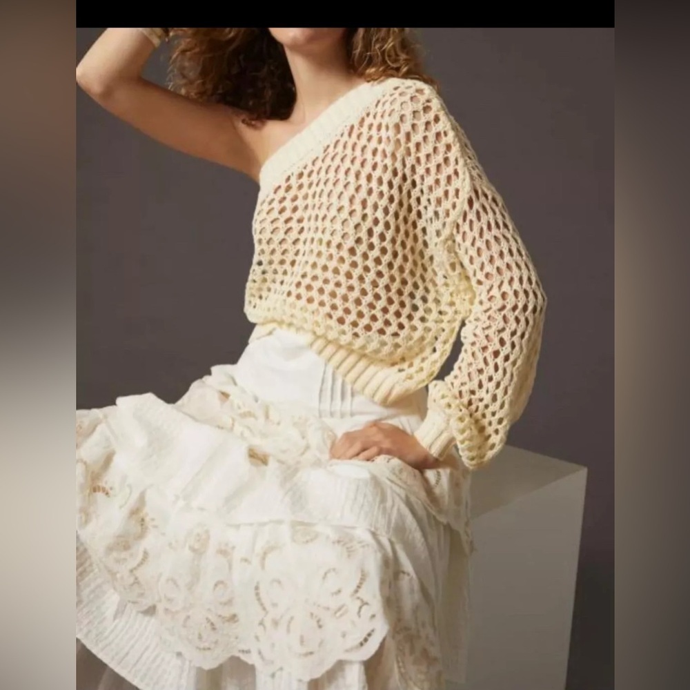 Anthropologie Maeve One-Shoulder Top Ivory Crochet Layer Preppy Boho Sz OS